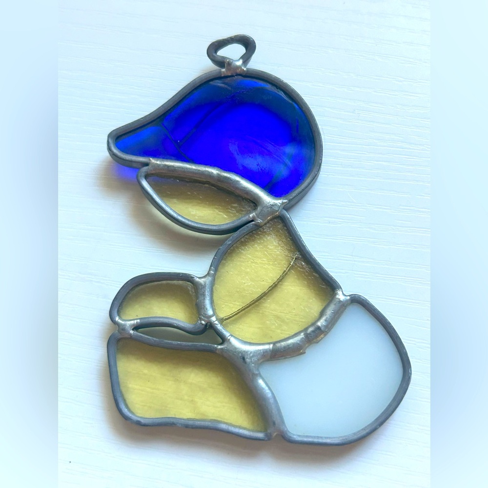 Vintage Handmade Stained Glass Sun-catcher Baby Boy with‎ Blue Baseball Cap Hat
